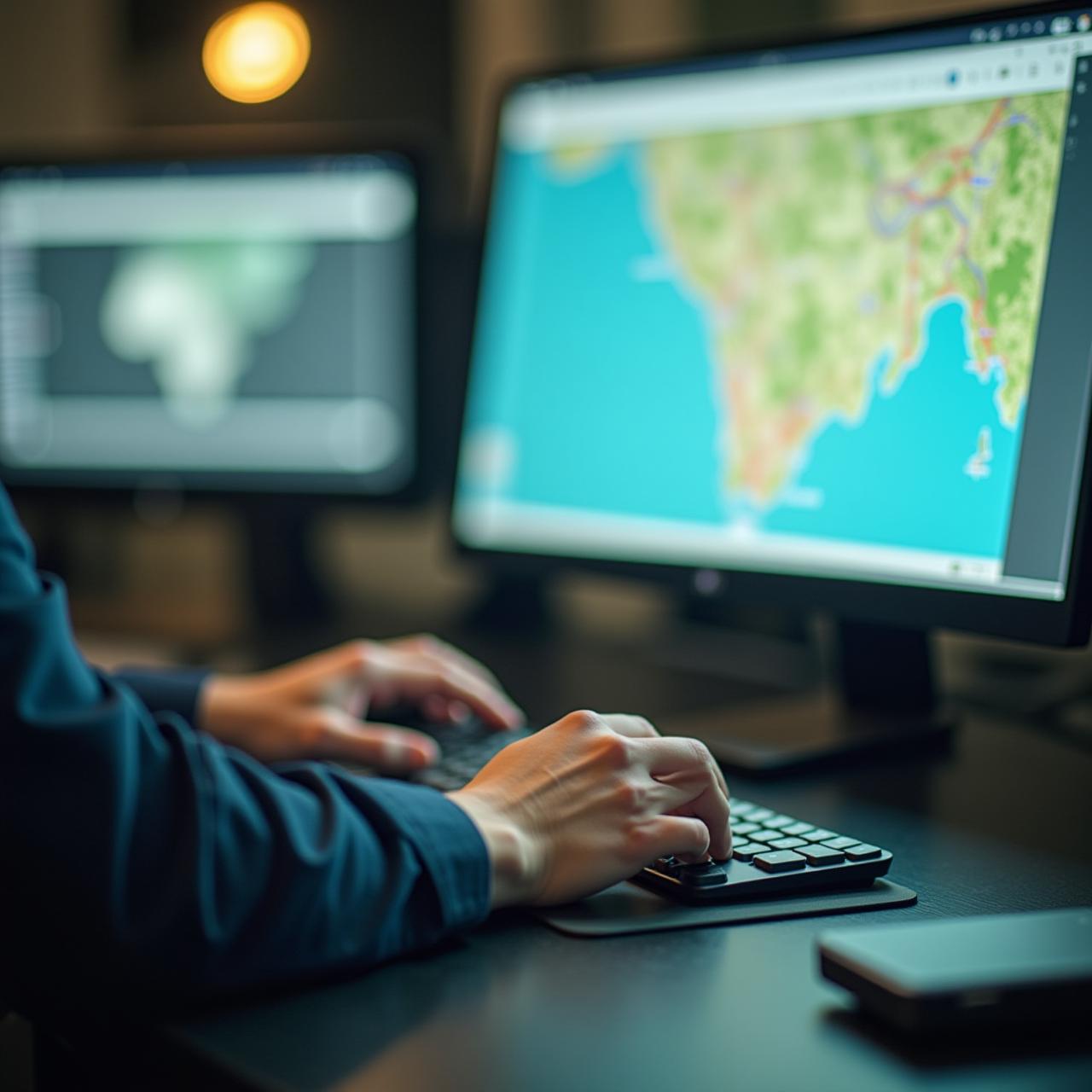 Logistics coordinator managing transport fleet from a modern hub